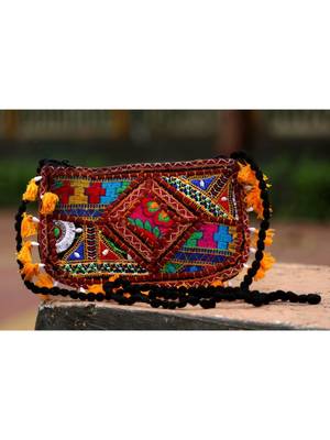 Yellow Colored Tasseled Maroon Colored Base Non Adjustable Banjara Sling Bag 2