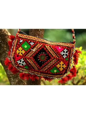 Maroon Colored Tasseled Maroon Colored Base Real Mirror Worked Non Adjustable Banjara Sling Bag 1