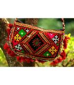 Maroon Colored Tasseled Maroon Colored Base Real Mirror Worked Non Adjustable Banjara Sling Bag