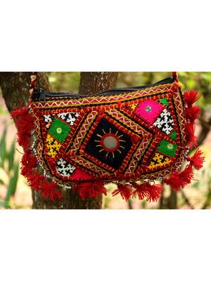 Maroon Colored Tasseled Maroon Colored Base Real Mirror Worked Non Adjustable Banjara Sling Bag 2