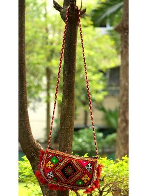 Maroon Colored Tasseled Maroon Colored Base Real Mirror Worked Non Adjustable Banjara Sling Bag 3