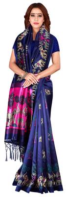 Blue printed art silk saree with blouse 1