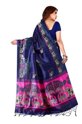 Blue printed art silk saree with blouse 2