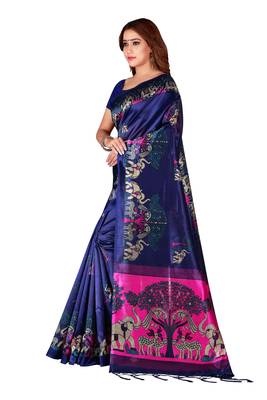 Blue printed art silk saree with blouse 3