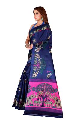 Blue printed art silk saree with blouse 3