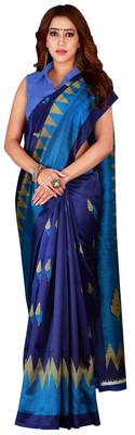 Blue printed art silk saree with blouse 1
