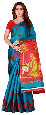 Blue printed art silk saree with blouse 1