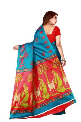 Blue printed art silk saree with blouse 2
