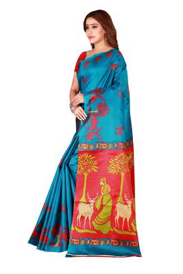 Blue printed art silk saree with blouse 3