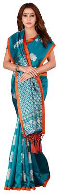 Blue printed art silk saree with blouse 1