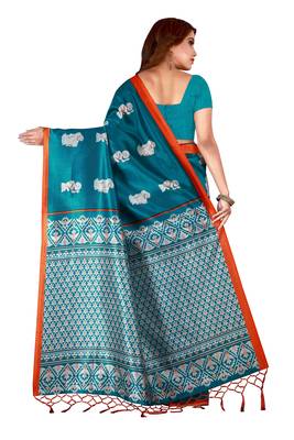 Blue printed art silk saree with blouse 2