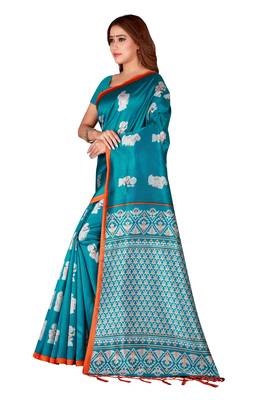 Blue printed art silk saree with blouse 3