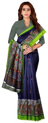 Blue printed art silk saree with blouse 1