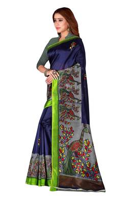 Blue printed art silk saree with blouse 3