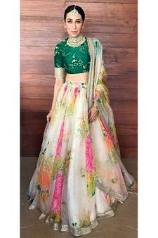 Cream and Green Organza Floral Print Lehenga choli