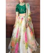 Cream and Green Organza Floral Print Lehenga choli
