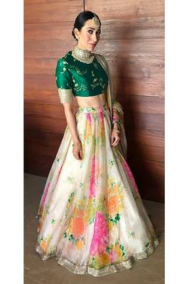 Cream and Green Organza Floral Print Lehenga choli 2