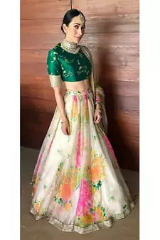 Cream and Green Organza Floral Print Lehenga choli