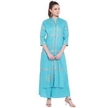 Turquoise printed rayon kurtas-and-kurtis 1