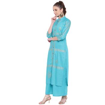 Turquoise printed rayon kurtas-and-kurtis 3