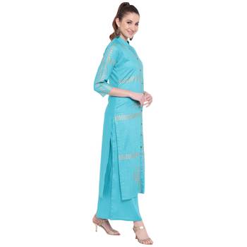 Turquoise printed rayon kurtas-and-kurtis 4