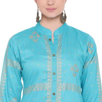 Turquoise printed rayon kurtas-and-kurtis 5