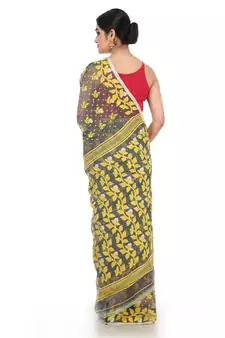 Grey Women Soft Dhakai Jamdani Saree Without Blouse