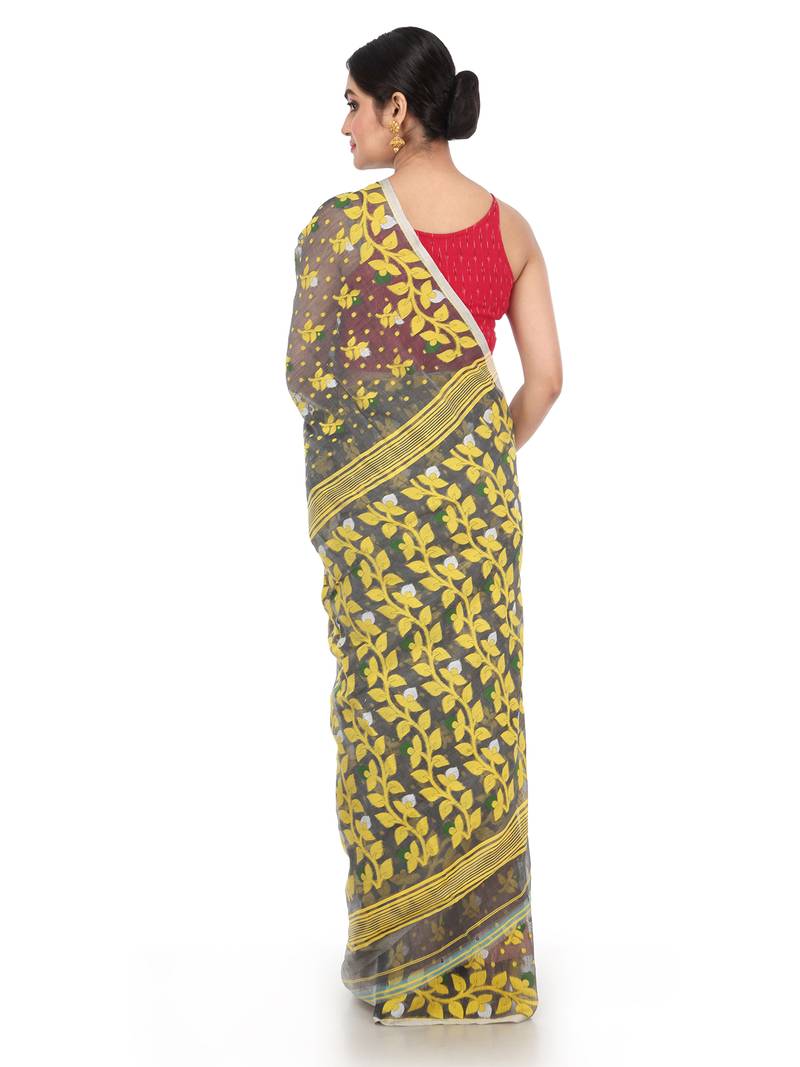 Grey Women Soft Dhakai Jamdani Saree Without Blouse