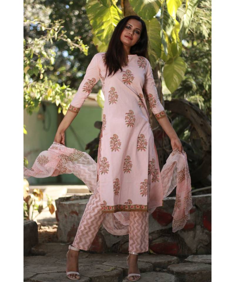 PEACH printed Cotton stitched kurta sets
