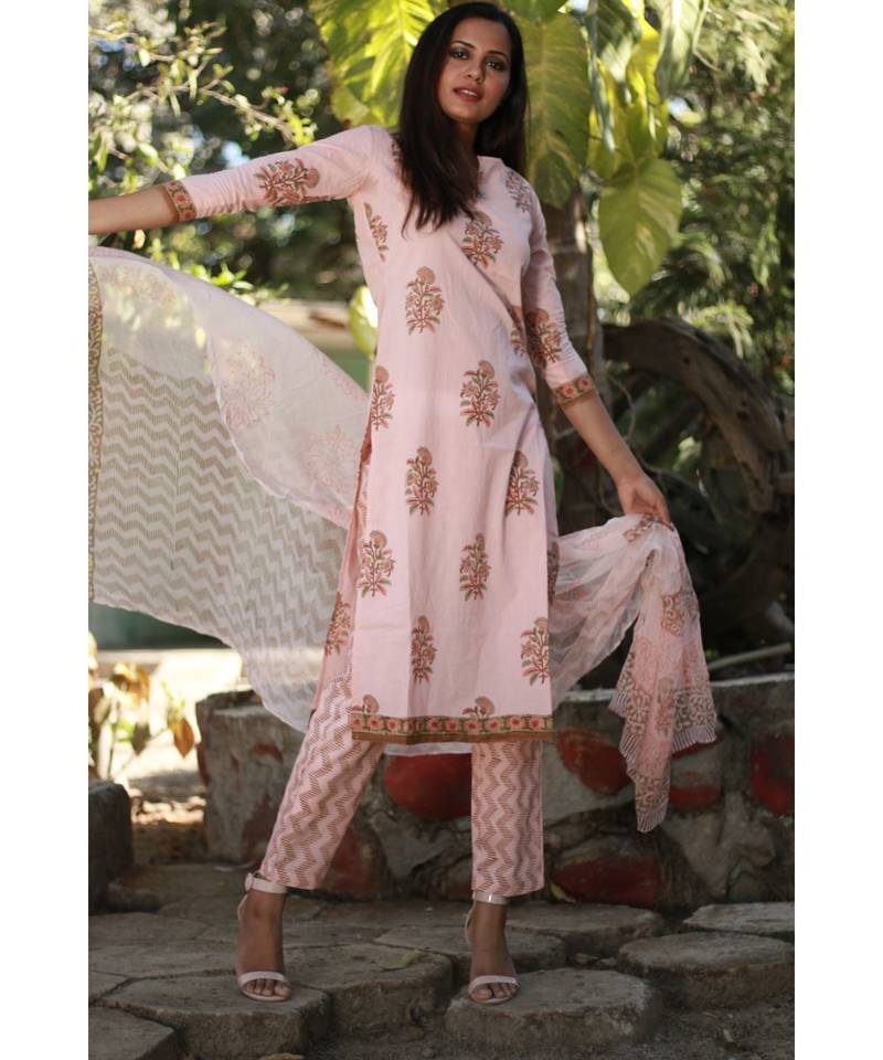 PEACH printed Cotton stitched kurta sets