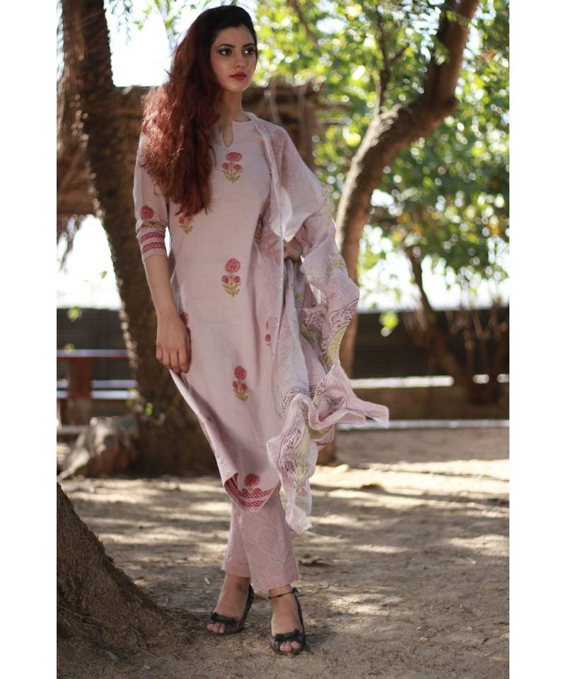 GREY printed Cotton stitched kurta sets