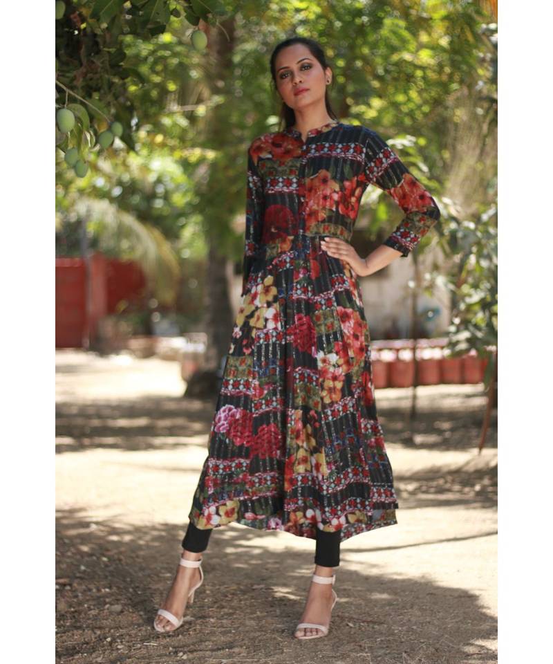 BLACK printed Rayon stitched party wear kurtis