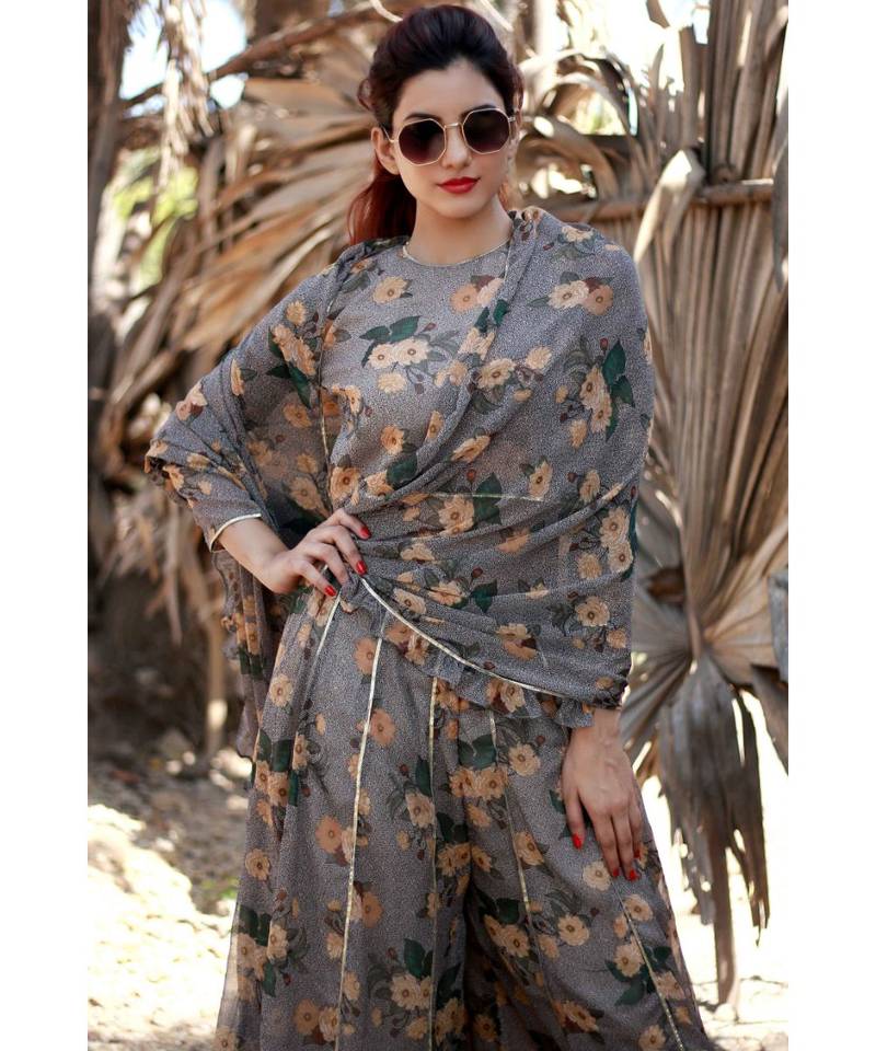 BROWN plain georgette readymade saree