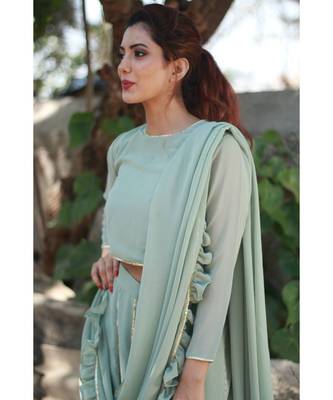 PISTA GREEN plain georgette readymade saree 3