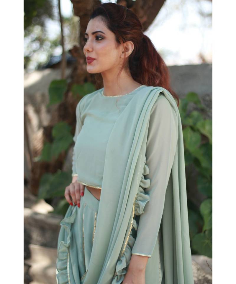 PISTA GREEN plain georgette readymade saree