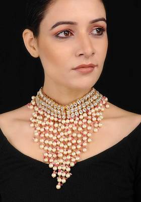 Gold Tone Kundan Inspired Choker Necklace With Pearls
 1
