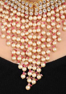 Gold Tone Kundan Inspired Choker Necklace With Pearls
 2