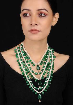 Green-White Gold Tone Jade And Pearls Necklace
 1
