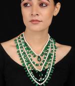 Green-White Gold Tone Jade And Pearls Necklace
