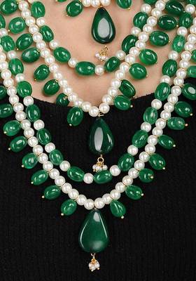 Green-White Gold Tone Jade And Pearls Necklace
 2