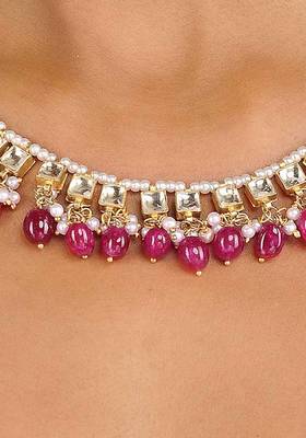 Red Gold Tone Kundan Inspired Quartz Necklace
 2