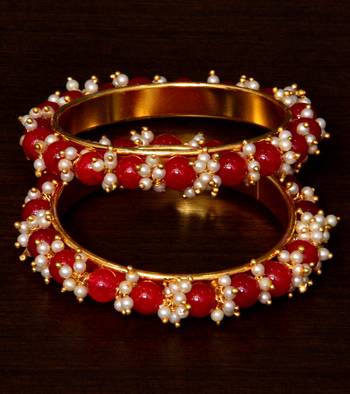 Red Beaded and Seed Pearled Designer Bangles BD318 1