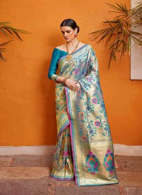   light blue woven silk blend saree with blouse 1
