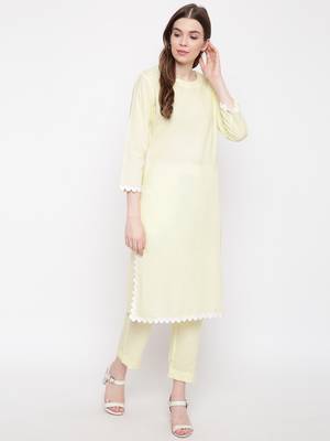 Yellow plain Cotton kurta sets 1