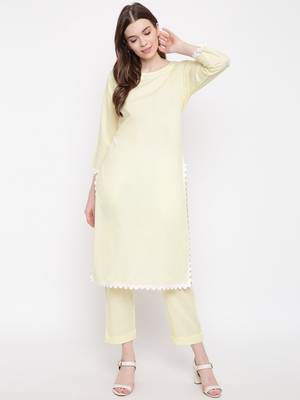 Yellow plain Cotton kurta sets 2