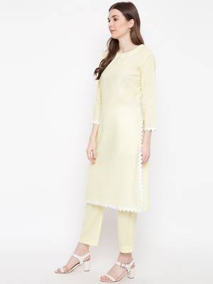 Yellow plain Cotton kurta sets 3