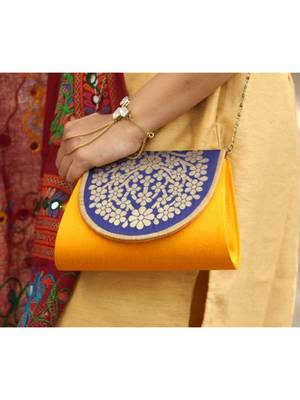bagzVela Yellow & Blue Medium Size Traditional Sling Bag 2