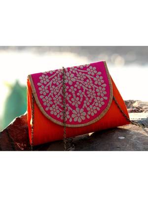 bagzVela Orange & Pink Medium Size Traditional Sling Bag 1