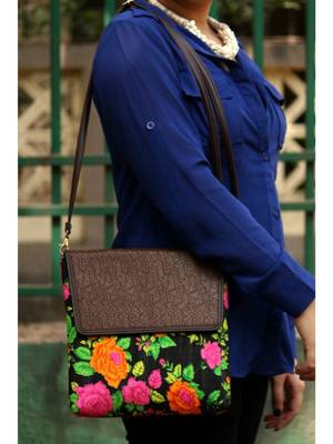 bagzVela Flowers Printed Black Base Casual Sling Bag 1