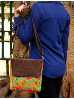 bagzVela Flower Printed Mustard Yellow Base Color Casual Sling Bag 1